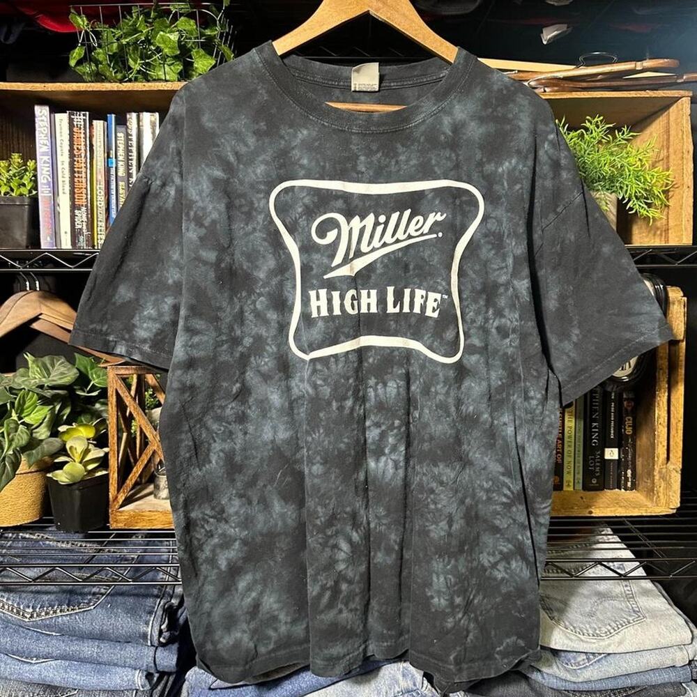 Vintage Y2K Miller High Life Tie Dye Beer Tee Mens XL Black AOP Alcohol Shirt